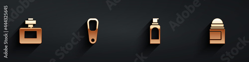 Set Perfume, Pumice for feet, Spray can hairspray and Antiperspirant deodorant roll icon with long shadow. Vector