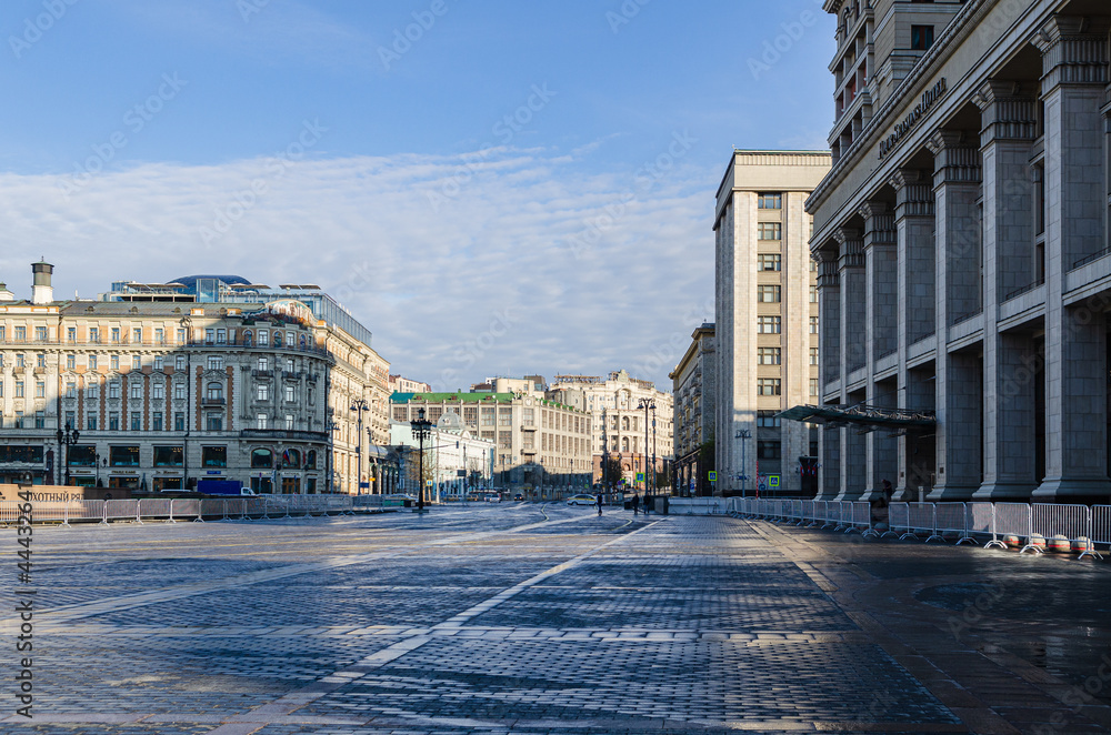 Empty Moscow street, shadows, deserted.