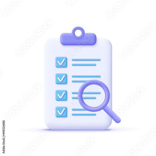 Successfully complete business assignments icon. Magnifying glass with a checklist on clipboard paper. 3d vector illustration.