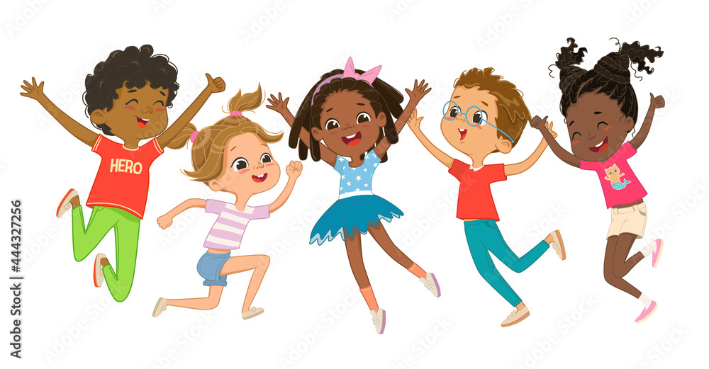 Multicultural boys and girls play together, happily jumping and dancing fun  against the background. Children are having fun. Colorful cartoon  characters. Vector illustrations Stock Vector | Adobe Stock