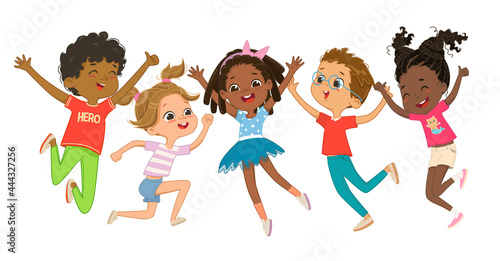 Fototapeta Naklejka Na Ścianę i Meble -  Multicultural boys and girls play together, happily jumping and dancing fun against the background. Children are having fun. Colorful cartoon characters. Vector illustrations