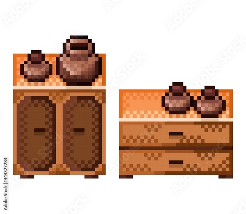 Set wardrobe pixel art. Cabinet pixel art. Vector illustration. Wardrobe and earthen jar. Icon wardrobe. Wooden cabinet pixel art.