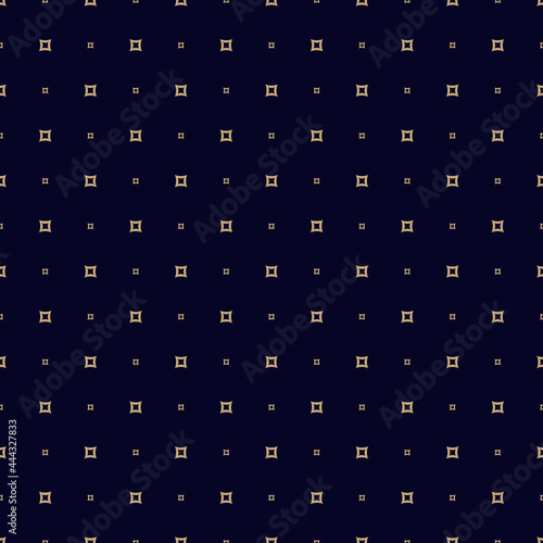 Golden vector minimalist seamless pattern with small squares, outline shapes, dots. Abstract minimal geometric texture. Simple black and gold luxury background. Dark repeat geo design for decor, wrap