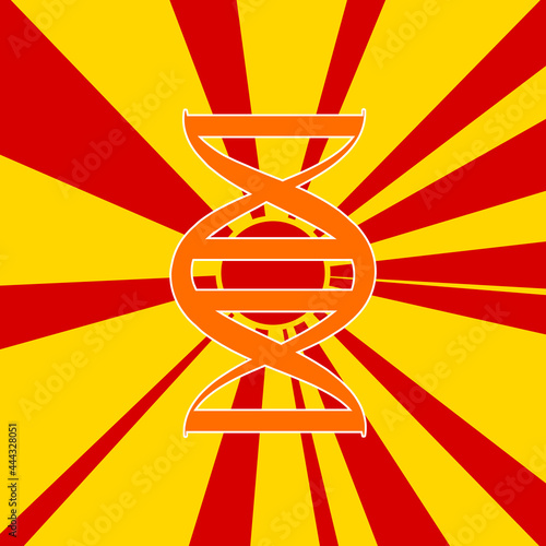 Dna symbol on a background of red flash explosion radial lines. The large orange symbol is located in the center of the sun, symbolizing the sunrise. Vector illustration on yellow background