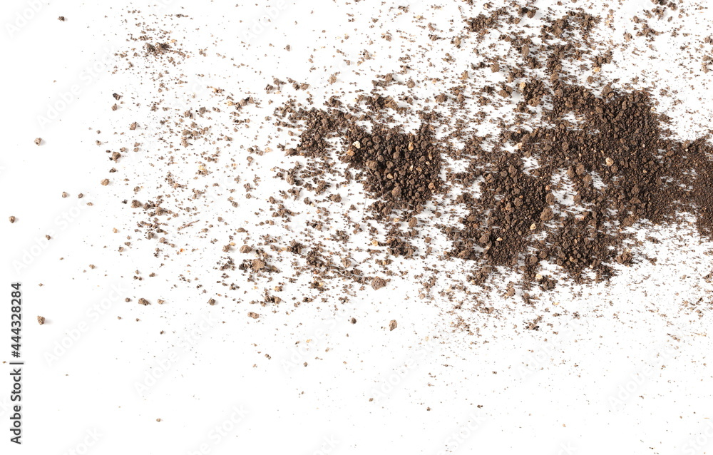 Dirt, soil pile with rocks isolated on white background, top view