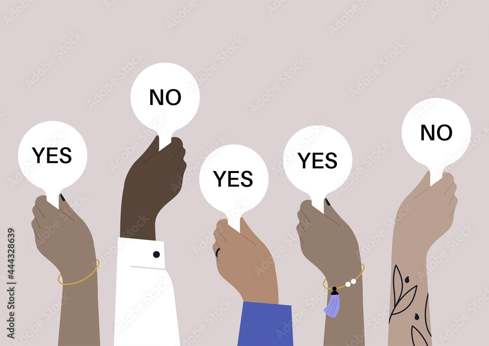 A diverse group of people holding yes no signs, a voting concept A diverse group of people holding yes no signs, a voting concept