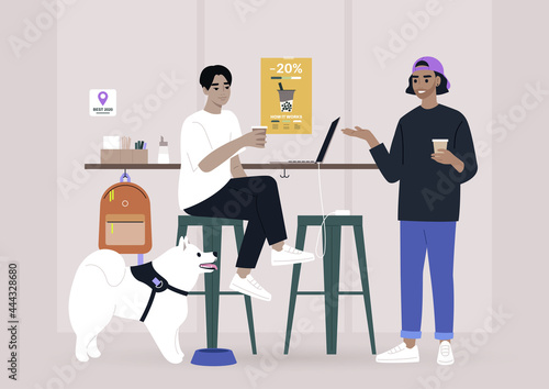 Two millennials chatting at the coffee shop bar counter, a dog-friendly place