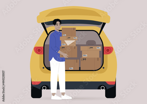 A young male Asian character carrying cardboard boxes with personal belongings packed in them, a moving out scene