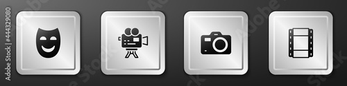 Set Comedy theatrical mask, Retro cinema camera, Photo and Play Video icon. Silver square button. Vector