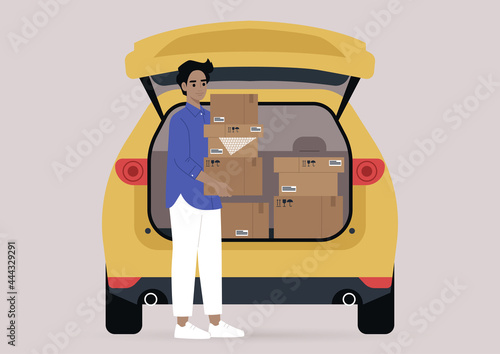 Young male character carrying cardboard boxes with personal belongings packed in them, a moving out scene