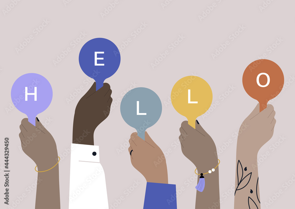 A diverse group of people holding a hello sign, an international community of friends A diverse group of people holding a hello sign, an international community of friends