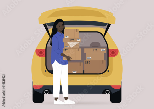 Young female Black character carrying cardboard boxes with personal belongings packed in them, a moving out scene