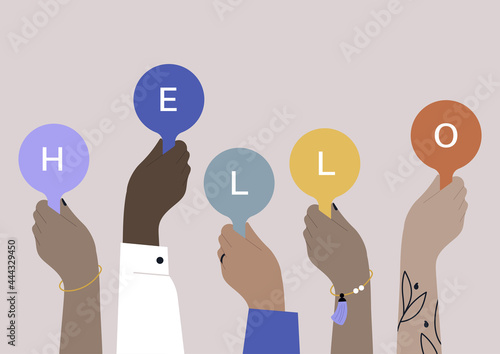 A diverse group of people holding a hello sign, an international community of friends