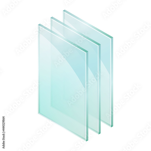 Vector illustration sheets of window glass isolated on white background. Realistic glass sheets icon. Isometric illustration shiny plates of industrial tempered glass. Triple glazed window pane.