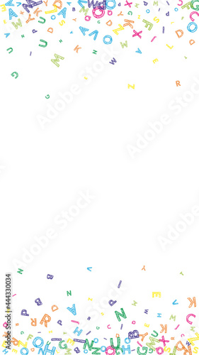 Falling letters of English language. Colorful messy sketch flying words of Latin alphabet. Foreign languages study concept. Neat back to school banner on white background.