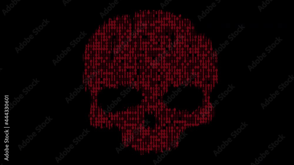Hacker Binary Red Skull Data Animation with Matte. binary skull of data numbers appears symbol for hacking internet security with matte