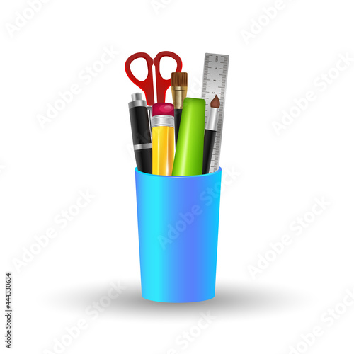 Pencil, school supplies in a glass for office. Vector illustration isolated on white background