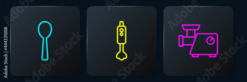 Set line Spoon, Kitchen meat grinder and Blender. Black square button. Vector