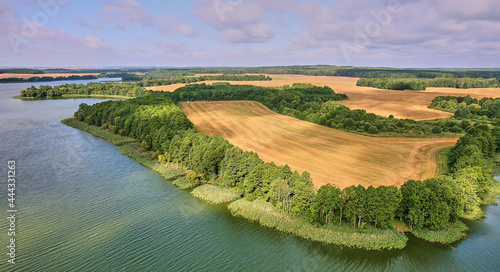 Aerial view of colorful fields on the high bank