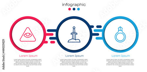 Set line Masons, Sword in the stone and Magic ring with gem. Business infographic template. Vector