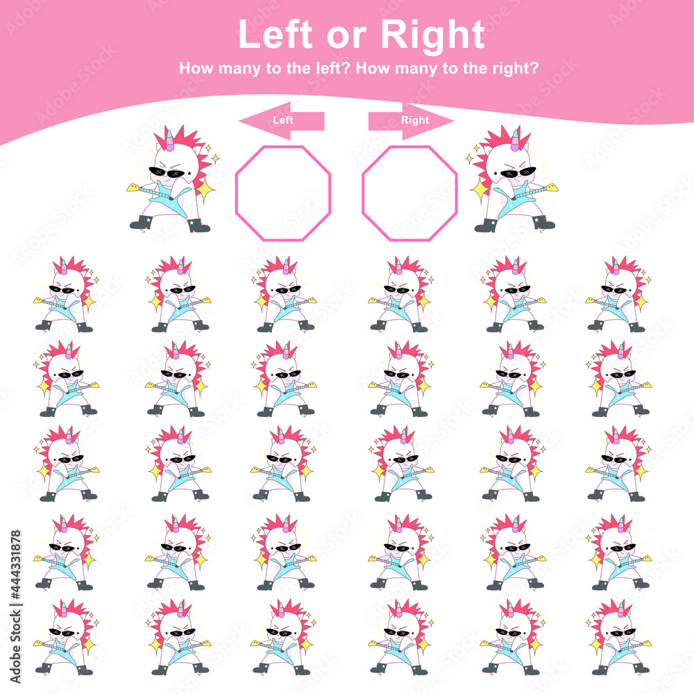 Left or Right Unicorn Game for Children. Cute unicorn math worksheet. Educational printable math worksheet. Additional math for kids. Vector illustration in cartoon style. Left or Right Unicorn Game for Children. Cute unicorn math worksheet. Educational printable math worksheet. Additional math for kids. Vector illustration in cartoon style.
