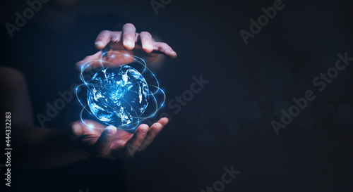 Hands holding abstract network Earth technology structure. Internet and technology worldwide global. Global social network. Elements of this image furnished by NASA