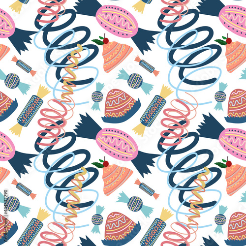 Seamless vector pattern colorful illustration of sweets and confetti in pastel colors on white