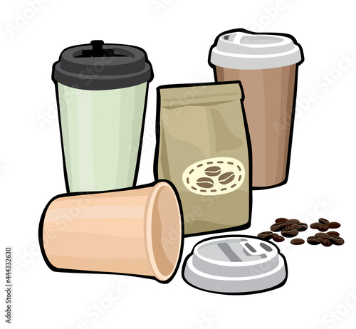 Coffee cups and packet collage. Coffee cups with lid. Coffee to go coposition.