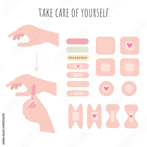 Take care of yourself slogan. Set of vector plasters on a white background. Medical plasters. Wound care