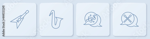 Set line Electric bass guitar, Music note, tone, Musical instrument saxophone and Drum sticks. White square button. Vector
