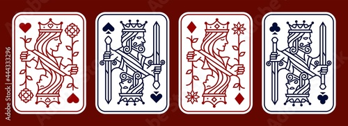 King and queen playing card deck vector illustration set of hearts, Spade, Diamond and Club, Royal cards design collection