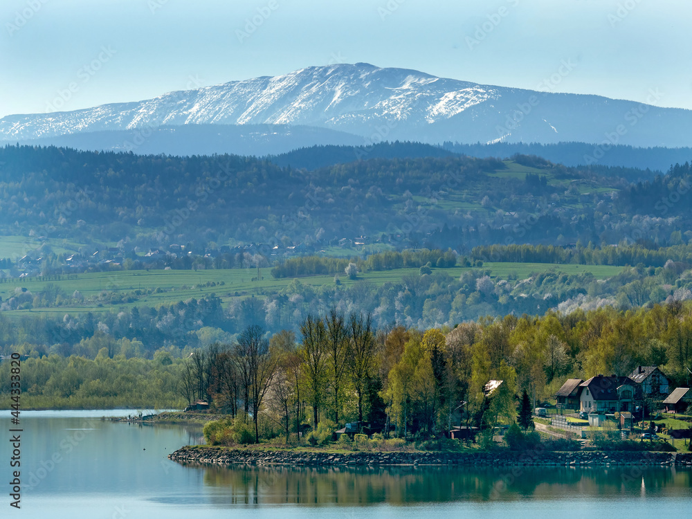 Zywieckie Lake on the Sola River, Pilsko Massif in the background, Poland