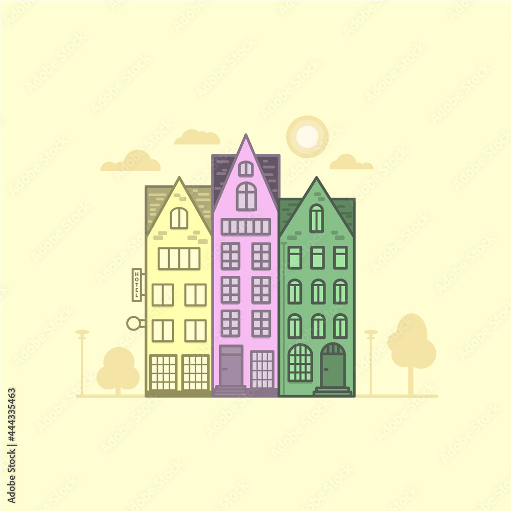 Vector illustration in pastel colors of the city and houses.