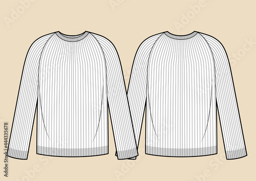 Ribbed Sweater technical fashion illustration with rib crew neck, long raglan sleeves, oversized.
