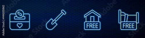 Set line Free home delivery, Donation and charity, Shovel and overnight stay house. Glowing neon icon on brick wall. Vector