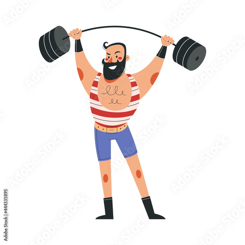Smiling male athlete in colorful costume working in circus. Concept of circus characters doing tricks and stunts for children, adults. Positive athlete with barbell. Flat cartoon vector illustration