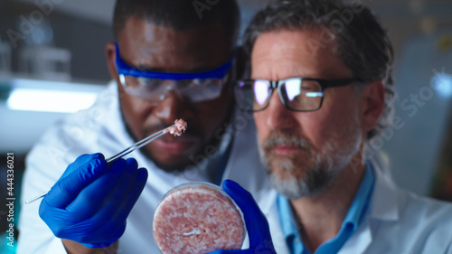 Fényképezés Multiracial scientists examining cell meat in Petri dish