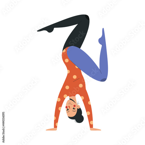 Smiling female acrobat in colorful costume working in circus. Concept of circus characters doing tricks and stunts for children, adults. Positive acrobat doing stunt. Flat cartoon vector illustration