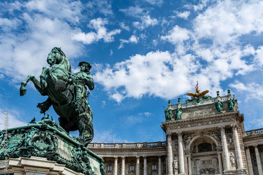 Low angle view of the Statue of Prince Eugene on the Herosquare in Vienna, Austria in front of the Hofburg Palace Low angle view of the Statue of Prince Eugene on the Herosquare in Vienna, Austria in front of the Hofburg Palace