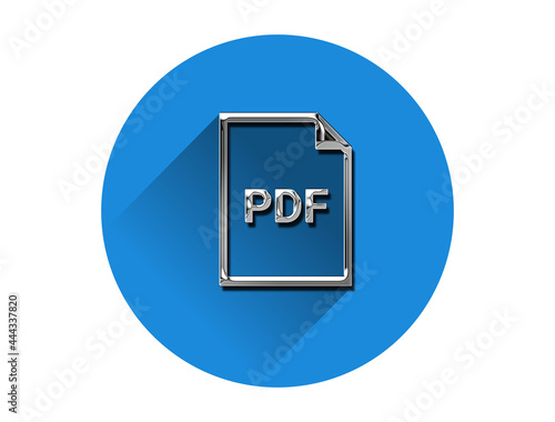 Metallic PDF icon and symbol with metal look on blue circle. 3d illustration