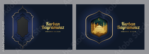 Premium Design for Feast of the Sacrif (Eid al-Adha Mubarak) Feast of the Sacrifice Greeting (Turkish: Kurban Bayraminiz Mubarek Olsun) Holy days of muslim community. Islamic decorative background.