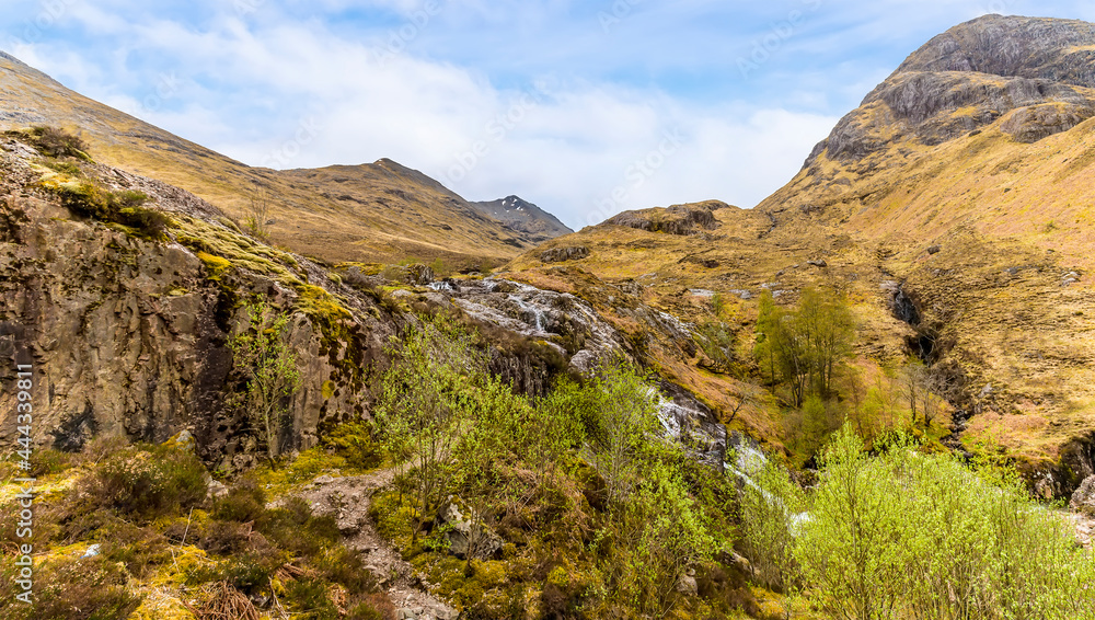 A view towards mountain streams at Glencoe, Scotland on a summers day