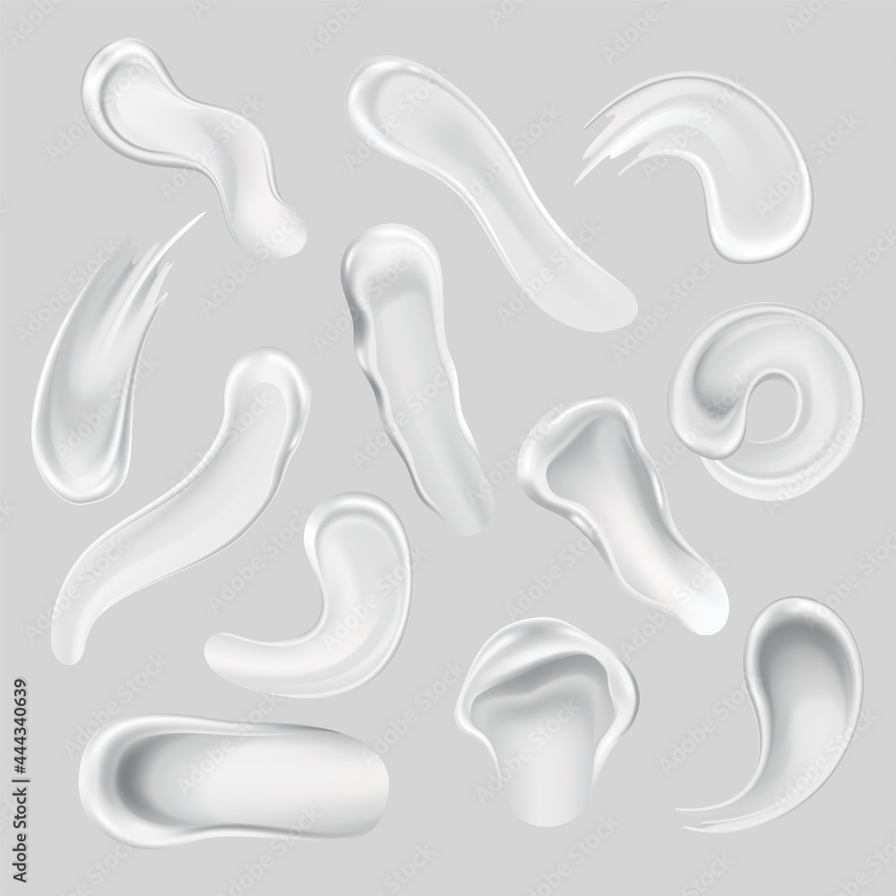 Obraz premium Cream smears of cosmetic white cream for skin in different shapes and sizes isolated on background. Vector concept. Skincare or moisturizer advertising. Creamy smooth, smear cosmetic products