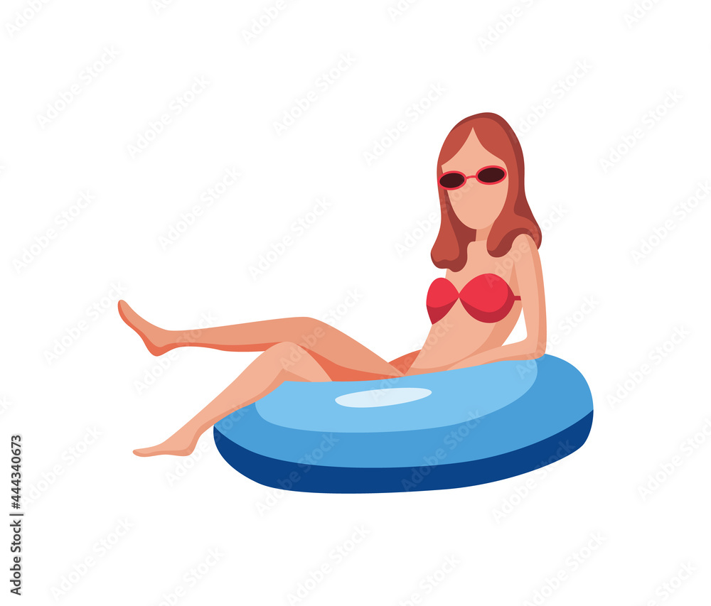Woman float on air mattress. Fun female character with glasses. Young lady swimming on inflatable ring. Summertime flat cartoon illustration Woman float on air mattress. Fun female character with glasses. Young lady swimming on inflatable ring. Summertime flat cartoon illustration
