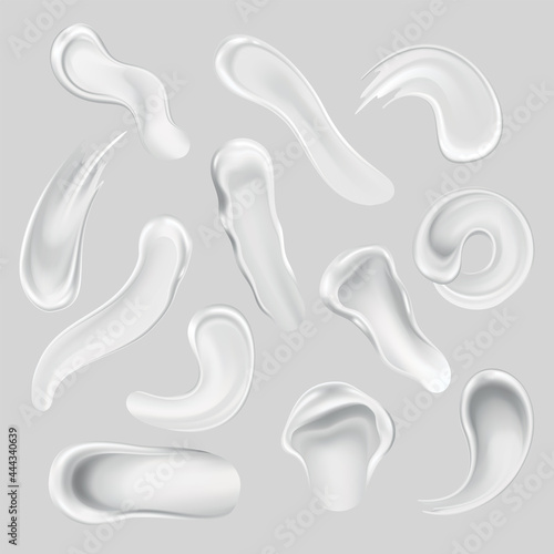 Cream smears of cosmetic white cream for skin in different shapes and sizes isolated on background. Vector concept. Skincare or moisturizer advertising. Creamy smooth, smear cosmetic products