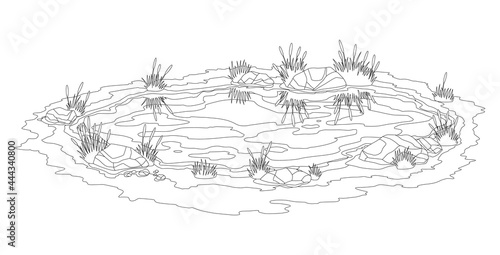 Fototapeta Naklejka Na Ścianę i Meble -  Picturesque natural pond. Concept of open small swamp lake. Water pond with reeds. Natural countryside landscape. Monochrome game scene in pencil sketch style