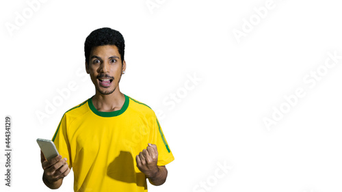 Male black athlete with uniform loking mobile camera. Sportsman isolated on white background. Space for text.