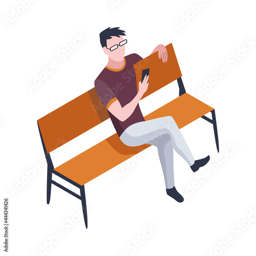 People in park isometric. Man sitting on a bench and looking at a mobile. Spending free time usefully. Vector character isolated on white