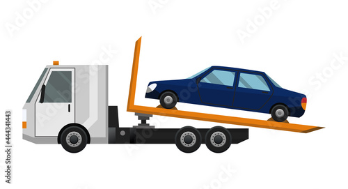 Tow truck. Flat faulty car loaded on a tow truck. Vehicle repair service which provides assistance damaged or salvaged cars