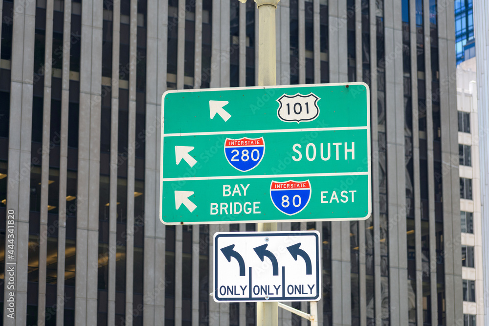 Interstate 101, 280 and 80 highway road sign showing drivers the